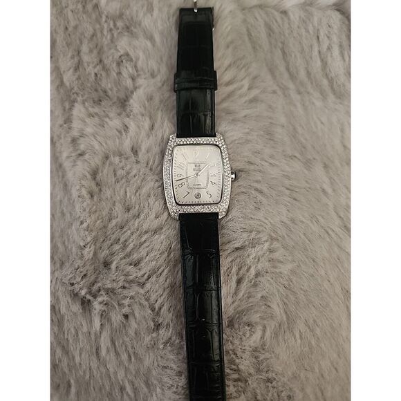 Nolan Miller Glamor Collection Ladies Watch Black Leather Band Rhinestones Bling - Picture 2 of 5